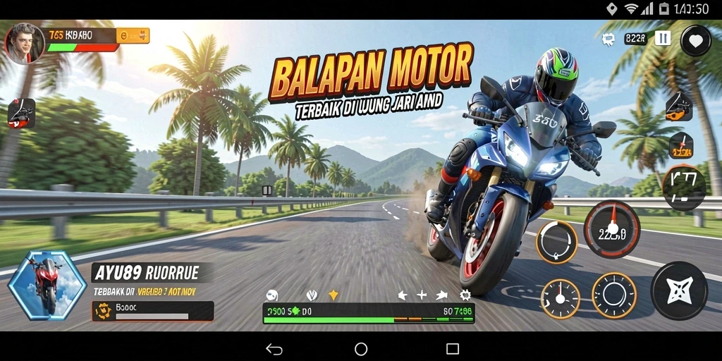 Screenshot utama AYU89 menunjukkan aksi balapan motor seru.