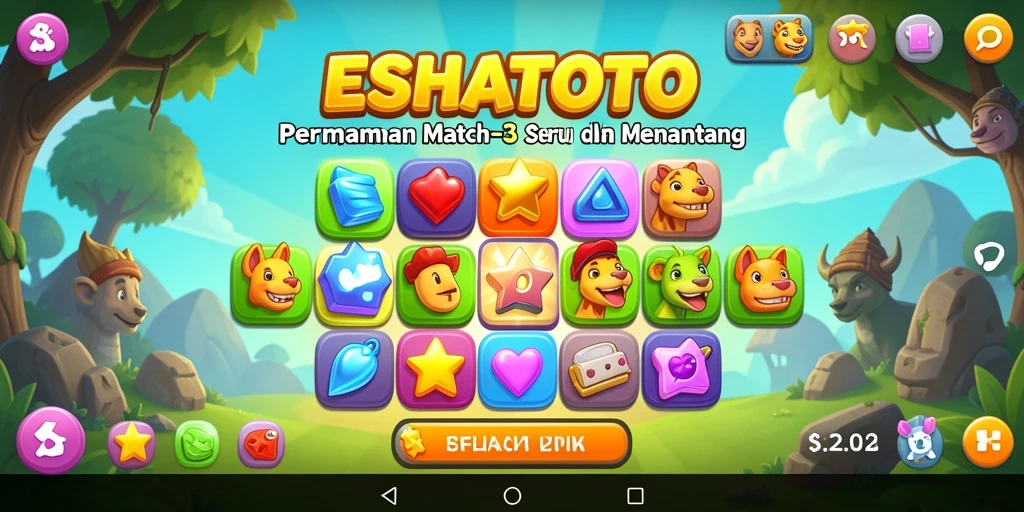 Screenshot ESHATOTO menampilkan gameplay Match-3 yang seru dan berwarna.
