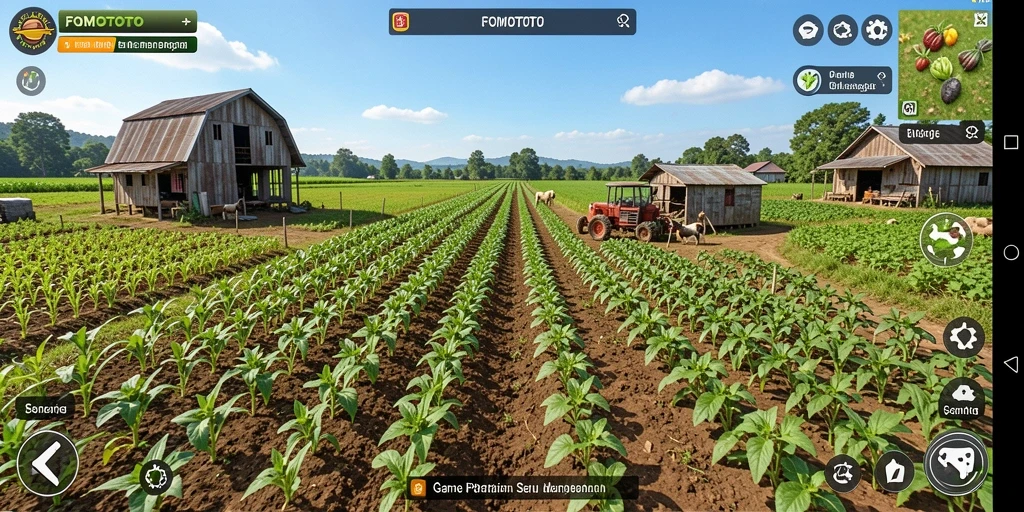 Tangkapan layar gameplay <strong>FOMOTOTO</strong> menampilkan pertanian yang asri dan interaktif.