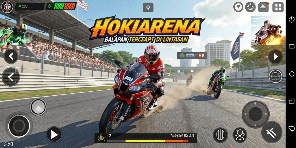 Gameplay HOKIARENA menampilkan balapan motor yang mendebarkan dan cepat.