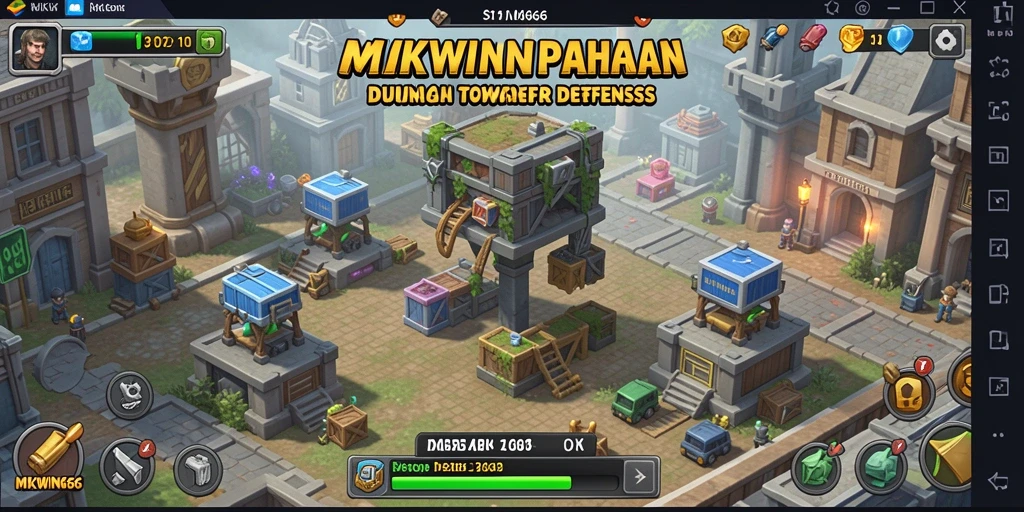 Screenshot dari gameplay <strong>MKWIN666</strong> yang menunjukkan pertahanan menara yang megah.