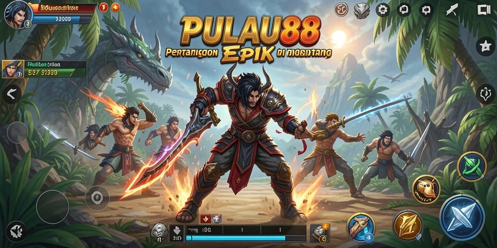 Screenshot gameplay PULAU88 menunjukkan pertarungan seru antar karakter.