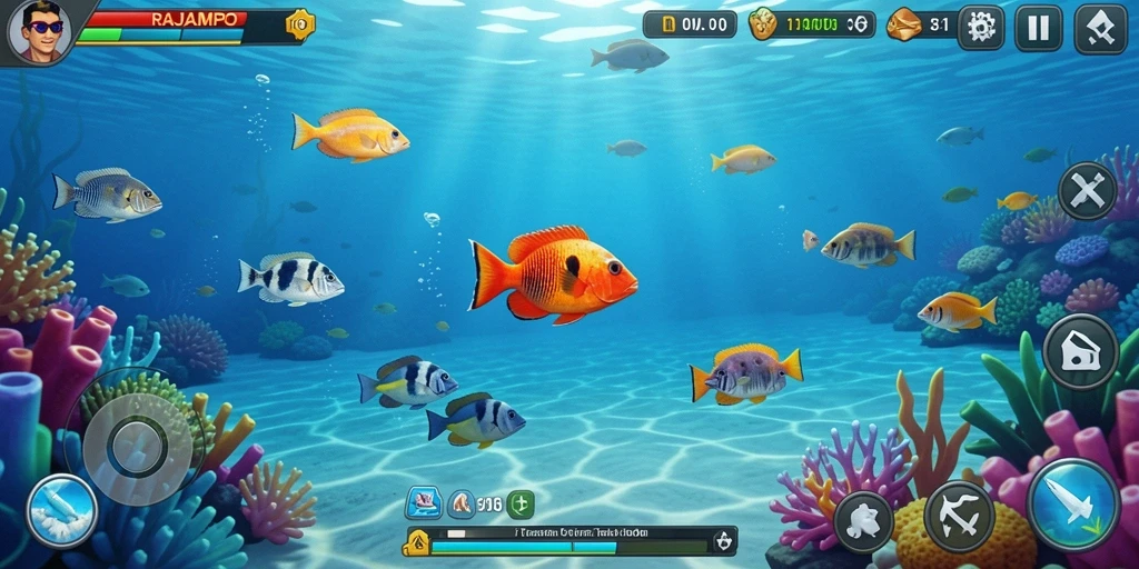 Tampilan gameplay RAJAMPO yang penuh aksi menembak ikan.