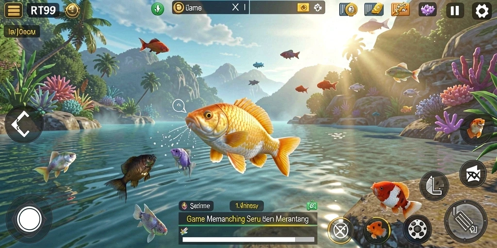 Tampilan gameplay menarik di RT99 dengan berbagai ikan dan lokasi memancing.
