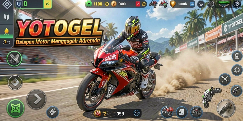 Tampilan gameplay seru YOTOGEL dengan balapan motor yang menantang.